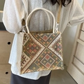 Ethnic woven crossbody bag with colorful geometric patterns and beige shoulder strap - Khaki Rope Style