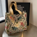 Sac cabas floral en toile beige avec motifs de fleurs colorés et anses tissées - Grand Rose