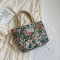 Floral jacquard canvas tote bag with green and red flower patterns and woven handles - Small Green