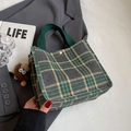 Retro dark green plaid canvas tote bag with snap button and pine cone charm - Small / With Brown Monster Charm / Green