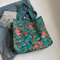 Ethnic floral canvas tote bag with emerald green base and colorful rose pattern - Green Large