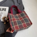 Large capacity tote bag with red plaid pattern and brown plush animal charm - Small / With Brown Monster Charm / Red
