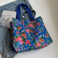 Blue floral canvas tote bag with red roses and wide shoulder straps for students - Blue Large