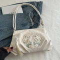 Borsa a tracolla plissettata bianca stile cinese con ricami floreali e nappe - Stile Ciondolo con Nappina Cinese / Bianco