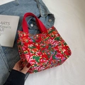 Compact red canvas tote bag with traditional phoenix floral prints and webbed handles - Red Small