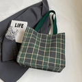Green and grey plaid canvas tote bag with twin handles for chic daily commuting - Large / No Pendant / Green