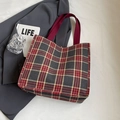 Large capacity canvas tote bag with vintage red and black plaid pattern design - Large / No Pendant / Red