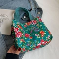 Canvas handbag with vintage green floral pattern and metallic gold snap button - Green Small