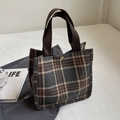 Large capacity canvas tote bag with grey and khaki plaid pattern and brown handles - Small / No Pendant / Black