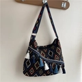 Ethnic shoulder bag with geometric print and colorful tassels on moon-shaped design - Ethnic Diamond Pattern (Style 4)