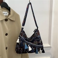 Ethnic bohemian crossbody bag in dark blue jacquard with colorful tiered fringes - Navy Blue Geometric Jacquard (Style 5)