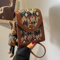 Borsa a tracolla vintage in pelle marrone con motivo etnico e ciondolo a coniglio - Verde Con Ciondolo Coniglio