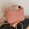 Borsa a mano rosa con trama intrecciata, fibbia dorata e tracolla rimovibile - Rosa