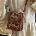 Vintage brown leather crossbody phone bag with colorful geometric woven pattern detail - Khaki