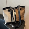 Contrast color canvas tote bag with brown leather trim and golden metal turn-lock - Black