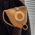 Handmade khaki straw bucket bag with 3D white daisy flower and elegant pearl closure - Style 2 Sunflower Khaki