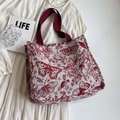 Large beige canvas tote bag with burgundy floral jacquard and wide shoulder straps - Large Size Red