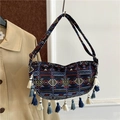 Ethnic woven shoulder bag in dark blue with colorful geometric patterns and fringe - Style 5