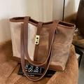Vintage colorblock canvas tote bag with brown leather trim and golden metal lock - Coffee