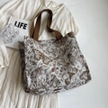 Large canvas tote bag with vintage floral butterfly print and brown shoulder straps - Large Coffee