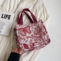 French vintage style tote bag with red butterfly and floral patterns and red straps - Small Wine Red