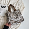 Knitted tote bag featuring brown floral and butterfly jacquard patterns with canvas handles - Small Size Coffee