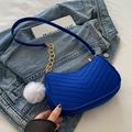 Quilted royal blue felt crescent underarm bag with gold chain and white pom pom - Blue With Pom-Pom Pendant