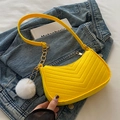 Yellow felt baguette shoulder bag with V-shaped quilting and gold chain strap - Yellow With Pom-Pom Pendant