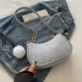 Light gray felt crescent hobo bag with V-quilting and decorative white pompom charm - Gray With Pom-Pom Pendant