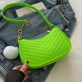 Neon green felt underarm bag with V-shaped quilting, gold chain and white fur pompom - Green With Pom-Pom Pendant