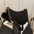 Black crescent shoulder bag with herringbone quilting, gold chain and faux fur pompom - Black with Fur Ball