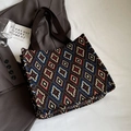 Vintage large tote bag with geometric ethnic pattern and brown woven handles - Large / Black
