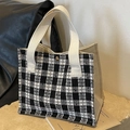 Minimalist woven checkered tote bag with white cotton rope handles and gold clasp - Black Webbing Style