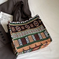 Retro ethnic woven tote bag with geometric jacquard patterns and brown canvas handles - Large / Brown