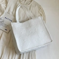 Sac fourre-tout jacquard blanc avec roses en relief 3D et anses tissées solides - Grand / Blanc Cassé