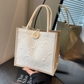 Borsa tote in lino con ricamo jacquard rosa, manici a corda e bottone decorativo - Bianco Sporco Stile Bottone
