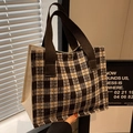 Minimalist checkered tote bag with dark brown handles and metal snap closure - Coffee Webbing Strap Style