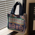 Borsa tote in tessuto con motivo geometrico etnico in blu, arancio e verde - Piccolo / Blu