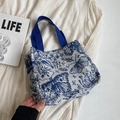 Blue and white butterfly toile de jouy canvas tote bag with royal blue handles - Small Blue