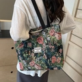 Vintage canvas shopper met rood-groen jacquard patroon en zwarte geweven banden - L Zwart