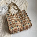 Bolso tote bohemio con patrones geométricos tejidos en naranja y verde y asas de lona - Caqui Grande