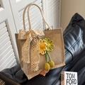 Borsa tote in lino beige con fiocco di pizzo e ciondolo a fiore stile pastorale - Verde (Con Fiocco di Pizzo)