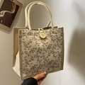 Borsa tote in juta a fiori con chiusura a bottone crema e manici intrecciati - Stile con Bottone Bianco Sporco