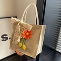 Borsa a mano in lino per donna con fiocco in pizzo e ciondoli a fiori intrecciati - Rosa Fucsia (Con Fiocco di Pizzo)