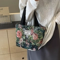 Green vintage floral tapestry canvas tote bag with black handles and woven textile pattern - Small Black