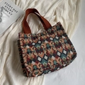 Borsa tote bohémien in tessuto con motivi geometrici colorati e manici marroni - Blu Piccolo