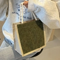 Borsa in tela verde oliva e beige con trama rustica e manici in corda bianca intrecciata - Verde Stile Cerniera