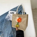 Sac cabas en lin avec marguerites tissées à la main et anses souples en corde de coton - Rose rosé