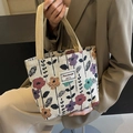 Canvas tote bag with colorful floral pattern and beige handles for daily commute - Small Wine Red