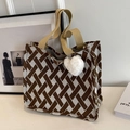 Knitted tote bag with brown geometric pattern and white plush heart charm accessory - Large (With White Heart Charm) / Coffee